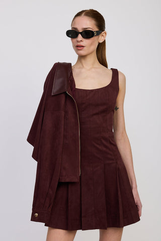 Delphine Pleated Mini Dress - Plum Brown