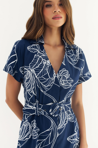 Birgin Dress - Navy/White Dramatic Vining Iris - M
