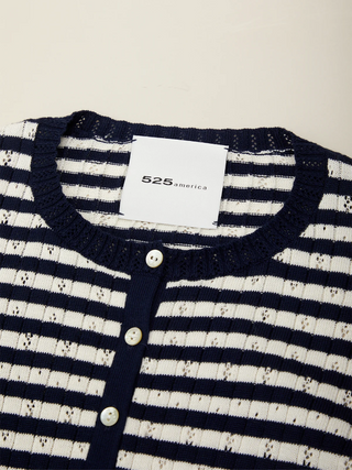 Beckett Striped Pointelle Blouson Sleeve High Rib Cardigan