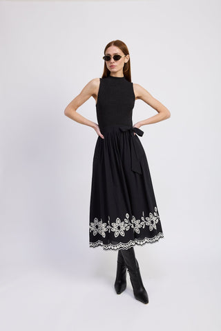 Isidora Mixed Media Midi Dress - Black