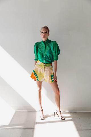 Short Sleeve Smocked Shirt Green Geo