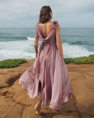 Chiffon Cowl Neck Midi Dress with 3D Flowers