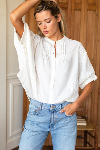 Mandarin Collar Top French Knot Floral Ivory One size