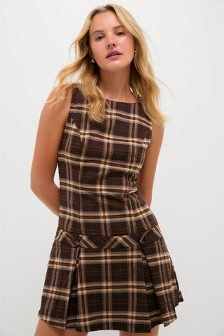 Sleeveless drop waist plaid mini dress brown
