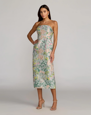 Strapless Brocade Midi Dress with Pockets