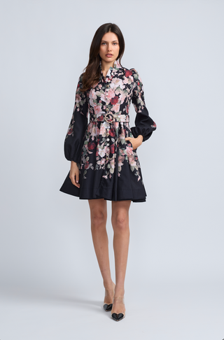 Floral Rose Black Belted Short Dress