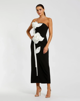 Strapless Crepe Ankle Dress with 3D Satin Flowers