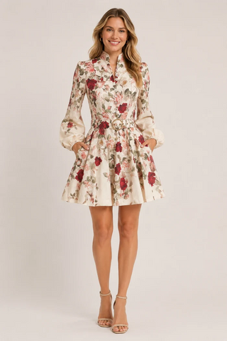 Floral Rose Ivory Belted Short Dress