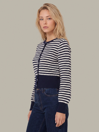 Beckett Striped Pointelle Blouson Sleeve High Rib Cardigan