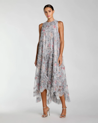 Floral Mesh Sleeveless Trapeze Micro Ruffle Gown