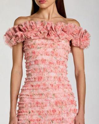 Floral Mesh Of the Shoulder Ruffle Midi Dress
