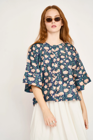 Kerala Short Sleeved Blouse in Midnight Pink Carnation