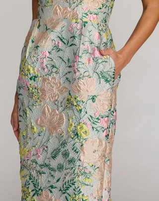 Strapless Brocade Midi Dress with Pockets