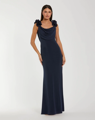 Jersey Cowl Neck Gown with 3D Flower Straps