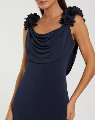 Jersey Cowl Neck Gown with 3D Flower Straps