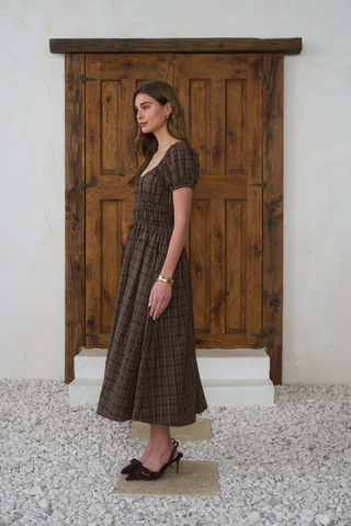 Plaid Shirred Puff Sleeve Front Tie Midi Dress - Mocha Multi