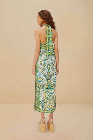 Tropical Tapestry Off-White Halter Neck Maxi Dress