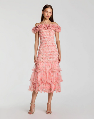 Floral Mesh Of the Shoulder Ruffle Midi Dress