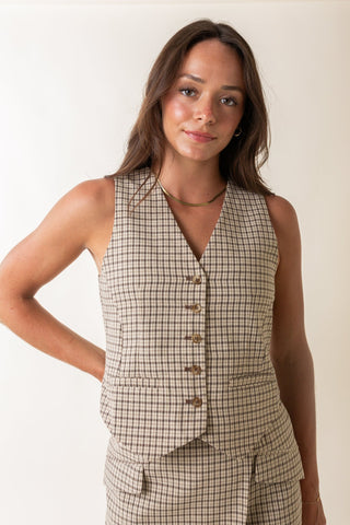plaid v neck sleeveless vest cream multi