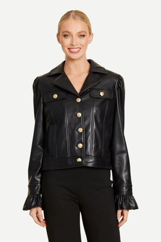 Vegan Leather Ruffle Cuff Black Jacket