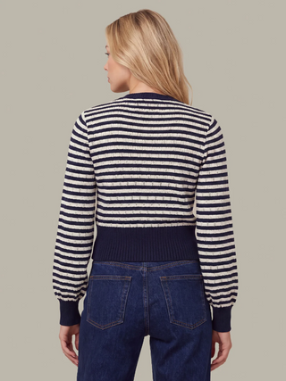 Beckett Striped Pointelle Blouson Sleeve High Rib Cardigan