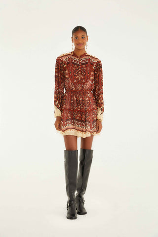 Ainika Pineapple Tapestry Sand Long Sleeve Mini Dress