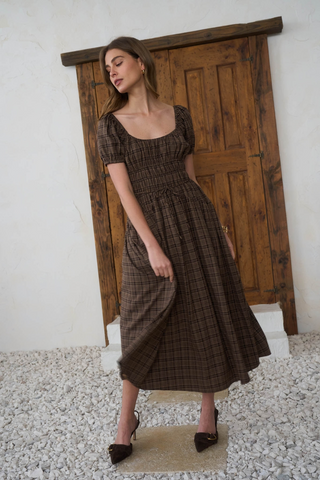 Plaid Shirred Puff Sleeve Front Tie Midi Dress - Mocha Multi