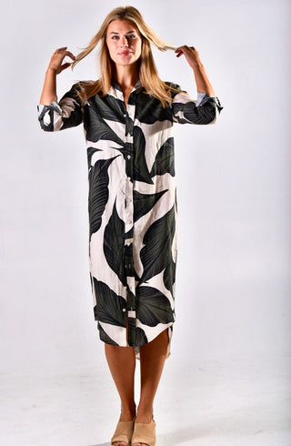 Palm Leaf Print Linen Girlfriend Midi Dress
