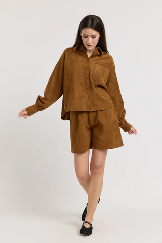 Oversized Suede Long Sleeve Button Up Shirt