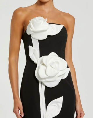 Strapless Crepe Ankle Dress with 3D Satin Flowers