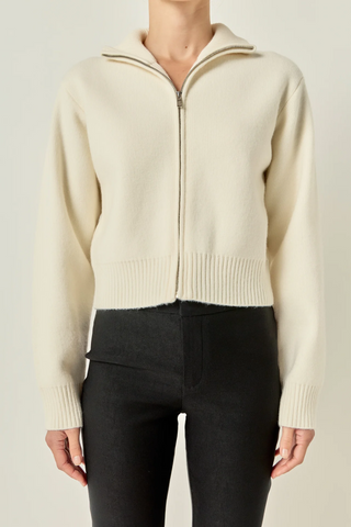 Zip- up Funnel Neck Knit Jacket