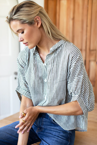 Mandarin Collar Top -  Moss Stripe Organic