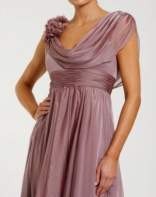 Chiffon Cowl Neck Midi Dress with 3D Flowers