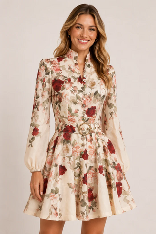 Floral Rose Ivory Belted Short Dress