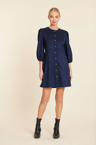 Faux Suede Navy gold Button Dress