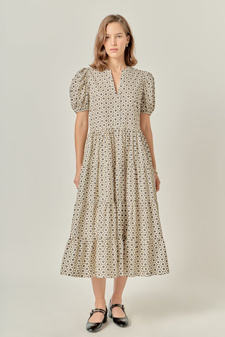 Print Puff Sleeve Midi Dress