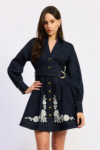 Carol Floral Embroidered Long Sleeve Button Front Belt Mini Dress