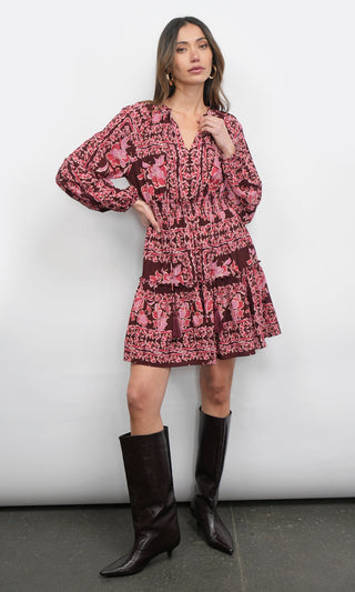 Ringo Long Sleeve Smocked Mini Dress Maroon