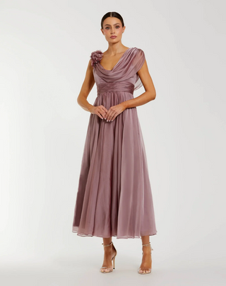 Chiffon Cowl Neck Midi Dress with 3D Flowers