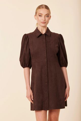 Coffee Faux Suede puff sleeves dress