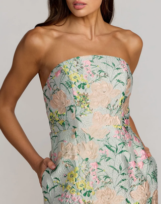 Strapless Brocade Midi Dress with Pockets