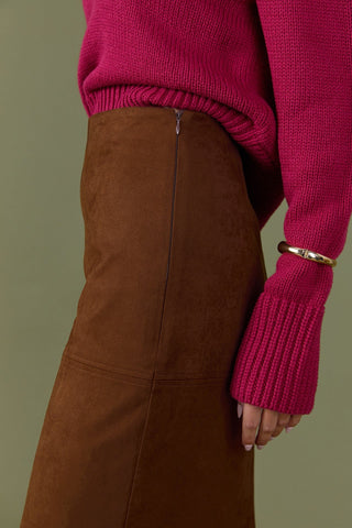 Suede Midi Skirt - Brown