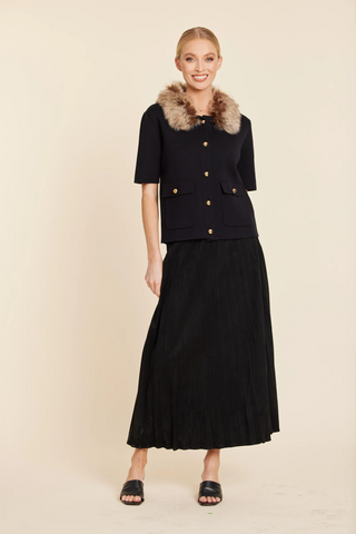 Faux Suede Long Pleated Skirt Black