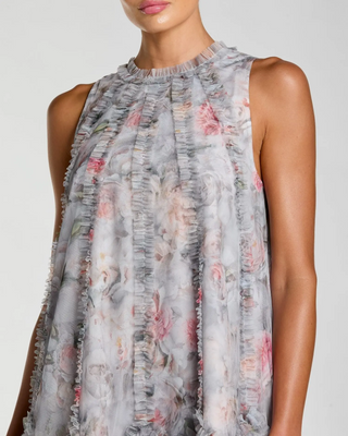 Floral Mesh Sleeveless Trapeze Micro Ruffle Gown