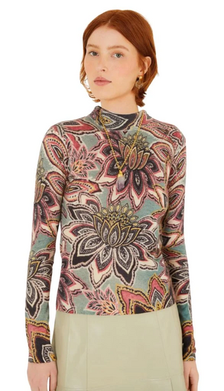 Tapestry Flower Dark Green Knit Layer Top