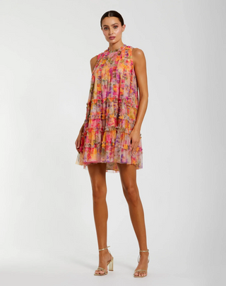 Sleeveless High Neck Printed Mesh Mini Dress