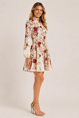 Floral Rose Ivory Belted Short Dress