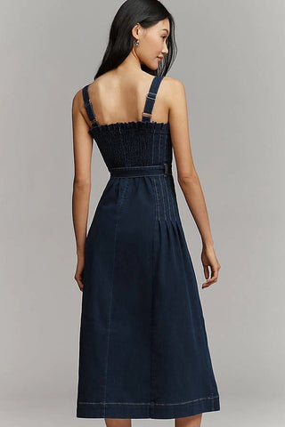 Spaghetti Strap Self Belt Midi Dress - Indigo