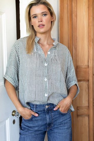 Mandarin Collar Top -  Moss Stripe Organic
