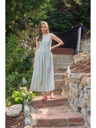 Boat Neck Front Button Detail Midi Dress